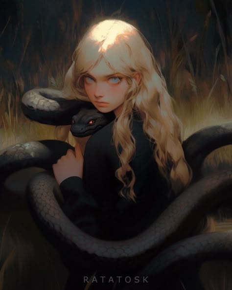 Beautiful and serious girl with many black snakes Snake Girl Oc, Woman Holding Snake, Snake Girl Art, Black Snake Art, Snake Character Design, Fantasy Snake, Snake Person, Slavic Witch, Anime Snake