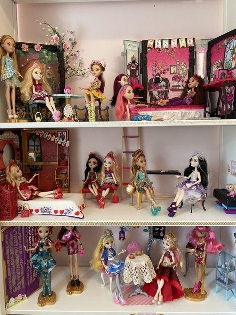 Doll Shelves Display, Ever After High Doll Collection, Ever After High Dolls Aesthetic, Doll Collection Display Ideas, Doll Display Ideas Shelves, Spring Diorama, Doll Collection Display, Ever After High Toys, Ever After High Dolls