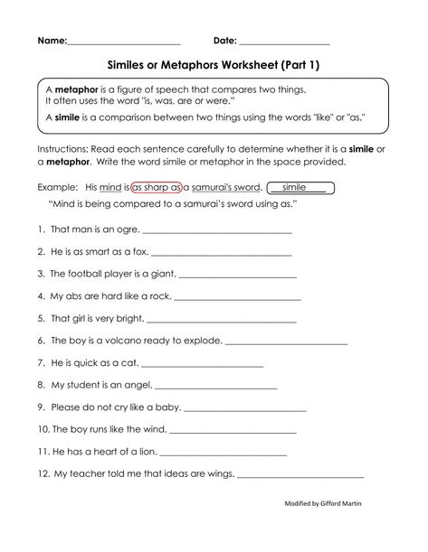 Metaphors Worksheet, Similes Worksheet Grade 4, Similes Worksheet, Metaphor Worksheet, Similes And Metaphors Activities, Simile And Metaphor Worksheets, Simile Metaphor Personification, Simile Vs Metaphor, Simile And Metaphor