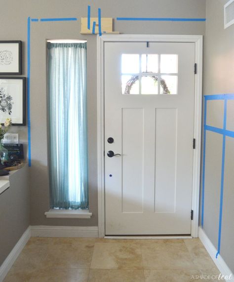 Blue Board And Batten Wall, Front Door Accent Wall, Front Door Inside, Greige Walls, New Front Door, Entryway Makeover, Stair Makeover, Trim Board, Board Batten