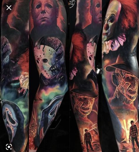 Halloween Tattoos Sleeve, Trash Polka Tattoo Designs, Horror Movie Tattoos, Skull Sleeve Tattoos, Clown Tattoo, Movie Tattoos, Scary Tattoos, Trash Polka Tattoo, Floral Tattoo Sleeve