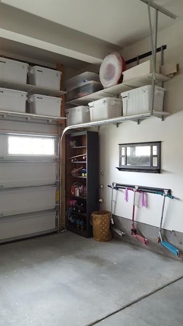 Garage Organization Ideas Small Space, Shoe Garage Organization, Garage Organization Ideas With Gym, 3 Stall Garage Organization, Garage Organization Overhead, Minimal Garage Organization, Townhouse Garage Ideas, Over The Garage Door Storage, Small 2 Car Garage Organization