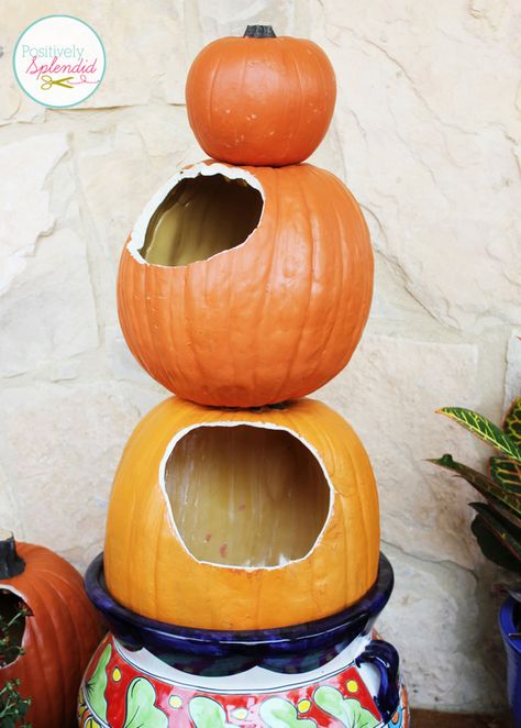 Stacked Pumpkin Planter at Positively Splendid - Such a unique idea for fall! Stacked Pumpkin Planter, Stackable Pumpkins, Dt Stackable Pumpkins, Stacked Plastic Pumkin Decoration Ideas, Five Below Stackable Pumpkins, Pumpkin Planter, Pumpkin Leaves, Faux Pumpkins, Stacked Pumpkins