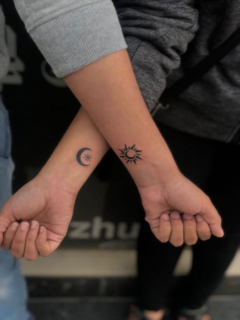 Matching Best Friend Tattoos Sun And Moon, Small Couple Tattoos Sun And Moon, Sun Tattoos For Guys, Matching Moon Tattoos Best Friends, Simplistic Couple Tattoo, Small Tattoos Couples Ideas, Couple Ideas Tattoo, Sun And Moon Tattoo Mom And Daughter, Cute Small Tattoos For Couples