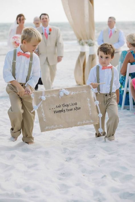 And they lived happily ever after sign Ring bearers suspenders and coral Bow tie Carillon Beach, FL www.dearwesleyann.com Ring Bearer Beach Wedding, Beach Wedding Ring Bearer, Beach Wedding Ring, Wedding Ring Bearer Outfit, Ring Bearer Flower Girl, Wedding Ring Bearer, Pink Morganite Engagement Ring, Bearer Outfit, Luxury Vehicles