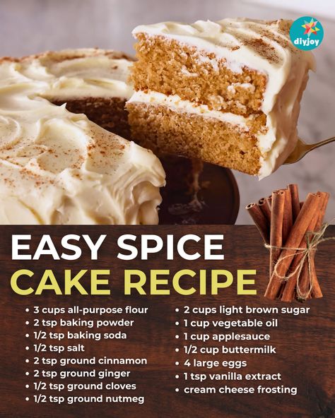 This spice cake recipe is filled with your favorite fall spices, perfectly complementing the rich and tangy cream cheese frosting. Spices Cake Recipes, Moist Spice Cake Recipes, Homemade Spice Cake Mix Recipe, Spiced Cake Recipes, Spice Cake Frosting, Cheap Deserts, Old Fashioned Spice Cake Recipe, Easy Spice Cake, Spice Cake Mix Recipes