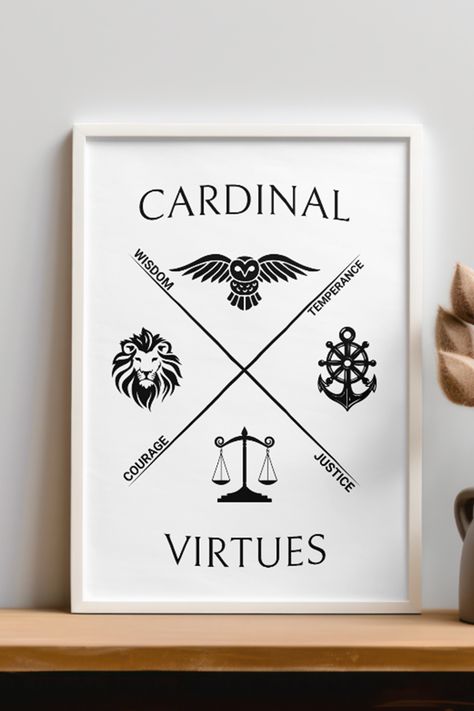 Make a statement in any room with this Stoic framed poster, printed on thick matte paper. The matte black/white frame it's made from wood from renewable forests, which adds an extra touch of class. Cardinal Virtues Tattoo, Simple Stoic Tattoos, Stoic Virtues Tattoo Ideas, Stoic Tattoo Ideas Minimalist, Stoic Virtues Symbols, 4 Stoic Virtues, Wing Tattoos On Wrist, Stoic Virtues, Stoic Art