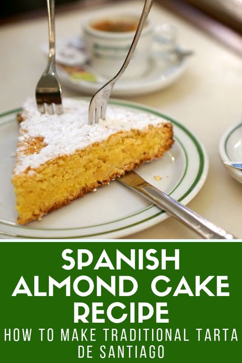 There are many delicious typical Spanish desserts, but tarta de Santiago takes the cake (pardon the pun) in my book. This almond cake from Spain is so light and flavorful, as well as super easy to make. Follow my tarta de Santiago recipe and enjoy it after you've polished off plenty of tapas! #dessert #Spain Spanish Almond Cake, Almond Desserts, Spanish Desserts, Strawberry Salsa, Almond Cake Recipe, Spain Food, Tapas Recipes, Gluten Free Cake, Desserts Menu