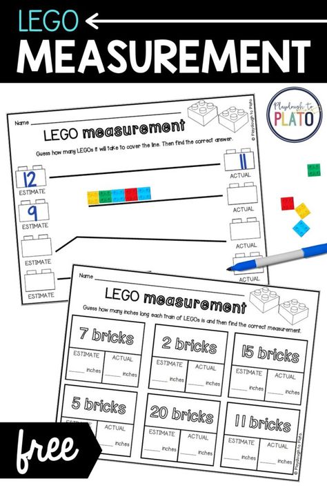 These printable LEGO measuring activity sheets are perfect to use with kids who are just beginning to practice measurement and LEGO fans who are ready to step up the challenge. Kids will love them as a math center and continue to choose them again and again all year long. #legomath #mathcenters Kindergarten Measurement Activities, Math Fact Games, Lego Math, Free Math Printables, Playdough To Plato, Measurement Worksheets, Measurement Activities, Math Centers Kindergarten, Math Measurement