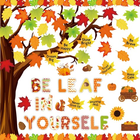 PRICES MAY VARY. Fall tree bulletin board set: You will get 1 large fall tree classroom bulletin board decorations, 9 pieces of fall leaves cutouts with motivational words, 49pcs of blank fall leaves cutouts(students could write inspirational quotes on them), 17pcs of “be leaf in yourself” words, 9pcs of fall-themed bulletin board cutouts, 30pcs of bulletin board boarders, and multiple adhesive dots. Rich patterns and abundant quantities are enough to satisfy your decorative needs. Premium mater Fall Tree Bulletin Board, Be Leaf In Yourself, Tree Bulletin Board, Tree Classroom, Bulletin Board Decoration, Fall Bulletin Board, Fall Classroom Decorations, Fall Classroom, Preschool Bulletin