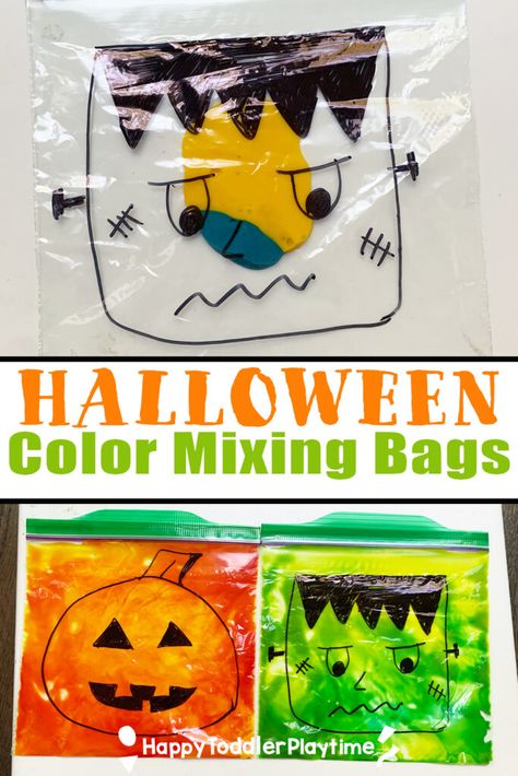 Halloween Color Mixing Bags - Happy Toddler Playtime Halloween Toddler Activities Craft Ideas, Trick Or Treat Crafts For Toddlers, Easy Halloween Activities For Toddlers, Halloween Ideas For Toddlers Activities, Toddler Halloween Art Projects, Color Mixing In A Bag, Pumpkin Color Mixing, Toddler Halloween Activity, Daycare Halloween Crafts For Toddlers