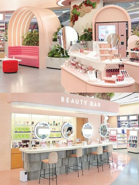 Cosmetic Pop Up Store Design, Make Up Store Design, Cosmetic Shop Design Ideas, Beauty Supply Store Design, Belanja Skincare, Makeup Store Design, Beauty Shop Decor, Beauty Journal, Retail Store Interior Design