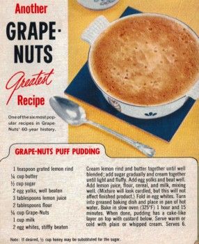 Grape Nuts Recipes, Fluffy Desserts, Grapenut Pudding, Anna Paul, Grape Nuts, Bread Puddings, Celebrity Recipes, Custard Pudding, Custard Desserts