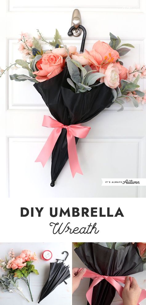 Learn how to make an adorable umbrella wreath. Fun DIY wreath for spring. Spring Wreaths For Front Door Diy, Diy Umbrella, Spring Umbrella, Umbrella Wreath, Spring Door Decoration, Umbrella Decorations, Easy Wreaths, Easy Diy Wreaths, Diy Spring Wreath