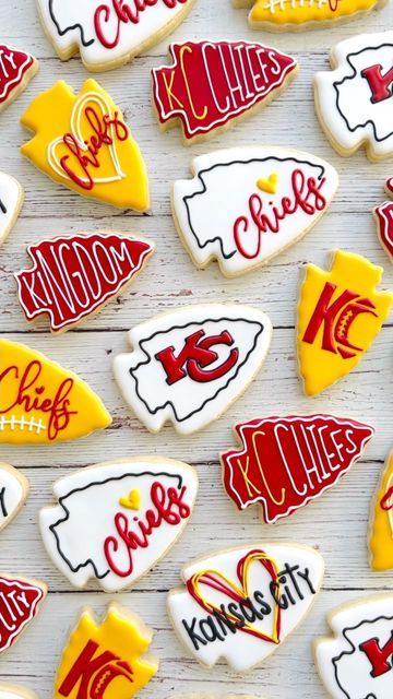 Cooling Rack Confections on Instagram: "Welcome to the Kingdom ❤️💛🏈" Kansas City Cookies Decorated, Kansas City Chiefs Cookies Decorated, Chiefs Birthday Party Ideas, Chiefs Cookies Decorated, Kansas City Chiefs Cookies, Kansas City Chiefs Birthday Party Ideas, Chiefs Sugar Cookies, Kc Chiefs Cookies, Chiefs Super Bowl Party