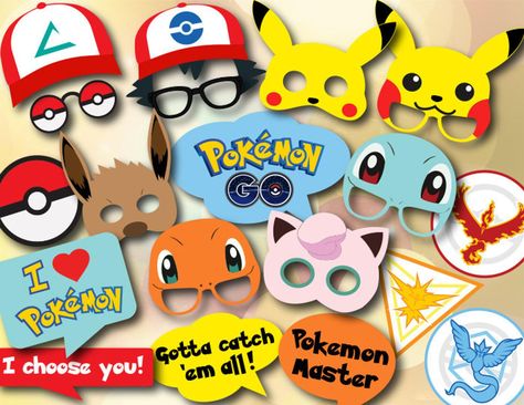 Digital Pokemon Photo Booth Props Printable Pokemon Go Party | Etsy Pokemon Party Supplies, Birthday Pokemon, Pokemon Themed Party, Pokémon Birthday, Pokémon Party, Birthday Party Props, Pokemon Photo, Pokemon Cake, Pokemon Birthday Party