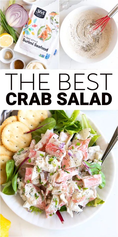 This easy Crab Salad is made with imitation crab meat, diced onion, and celery all tossed in a creamy mayonnaise dressing. Delicious served over a bed of lettuce, scooped onto buttery crackers, or piled between your favorite sandwich roll. Pasta Salad With Crab Meat, Salad With Crab Meat, Best Crab Salad Recipe, Recipe For Pasta Salad, Imitated Crab Recipes, Crab Salad Sandwich, Crab Meat Salad, Mayonnaise Dressing, Recipe For Pasta