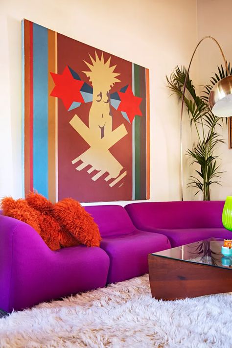 Retro Modern Melbourne Rental House With Purple Sectional Sofa | Apartment Therapy Purple Sectional, Apartment Deco, Purple Sofa, Affordable Sofa, Sunken Living Room, Modern Sofa Living Room, Retro Sofa, Decorating Advice, Leather Corner Sofa