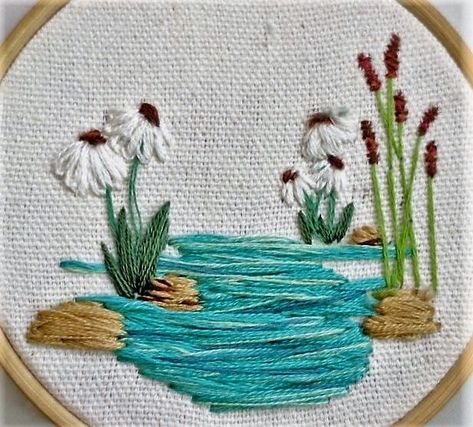 #embroidery Embroidery Water, Nature Embroidery, Clothes Embroidery Diy, Diy Embroidery Patterns, Embroidered Quilts, Embroidery Works, Hand Embroidery Flowers, Needlework Embroidery, Embroidery Flowers Pattern