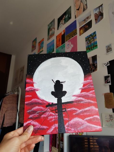 Acrylic Painting Ideas Anime, Itachi Acrylic Painting, Anime Painting Acrylic Easy, One Piece Acrylic Painting, Akatsuki Painting, Naruto Painting Easy, Itachi Canvas Painting, Itachi Uchiha Painting, Naruto Acrylic Painting