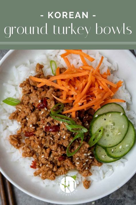 These Korean-inspired ground turkey rice bowls are quick and easy to make and full of flavor. They are great for lunch, dinner, or meal prep. Korean Turkey, Asian Turkey Bowl, Ground Turkey Rice Noodles, Korean Turkey Bowl, Turkey Rice Bowl, Healthy Ground Turkey Rice Bowls, Ground Turkey Korean Bowl, Korean Style Turkey Bowl, Korean Turkey Rice Bowl