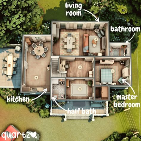 floor plan of the small farm ✨ upstairs bedrooms aren’t furnished but I thought it would be nice like that, so you can decorate them… | Instagram Sims 4 Floorplan 4 Bedroom, Sims 4 Upstairs Layout, Sims 4 House Plans Layout Cottage, Starter House Sims 4 Floor Plan, Small House Sims 4 Floor Plans, Sims 4 House Plans Layout 2 Floors, Sims Layout Floor Plans, The Sims House Layout, Sims 4 4 Bedroom House Plan