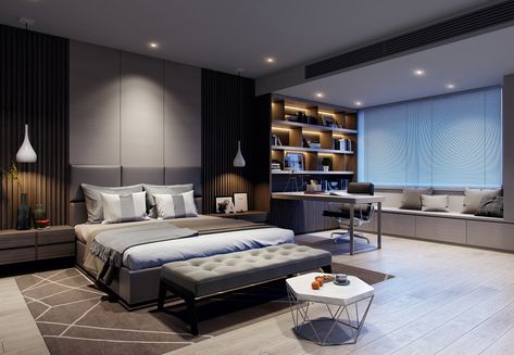 BEDROOM DESIGN Spacious Bedroom Design, Spacious Rooms Bedrooms, Gray Tone Bedroom, Spacious Bedroom Ideas, Bedroom Spacious, Spacious Bedroom, Luxury Bedroom Design, Gray Tones, Bedroom Bed Design