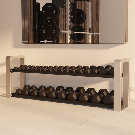 The secret to creating a beautiful training space is keeping it clean and organised. Great-looking gym equipment storage is the number one way to do this. Premium furniture suppliers make some fantastic storage units, but rarely are they built to withstand the weight of gym accessories like dumbbells. This, our Signature Dumbbell Storage Rack is our minimalist solution for luxury training spaces. This model features an angled shelving system which makes it easier to place dumbbells into position Gym Equipment Storage, Home Hiit, Modern Home Gym, Gym Rack, Dumbbell Storage, Luxury Gym, Hiit At Home, Weight Rack, Narrow Shelves