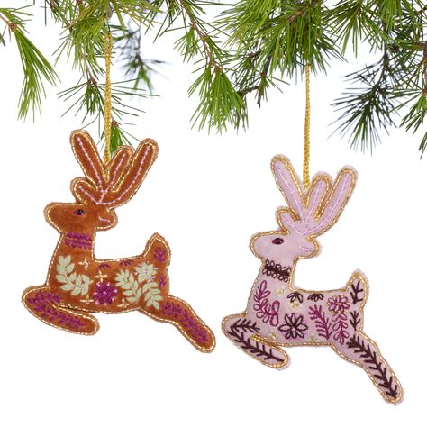 Velvet Embroidered Deer Ornaments Set of 2 - World Market Goat Ornament, Anthropologie Christmas, Deer Ornament, Christmas Atmosphere, Dala Horse, Christmas Ornament Sets, The Velvet, Magical Christmas, Animal Figures