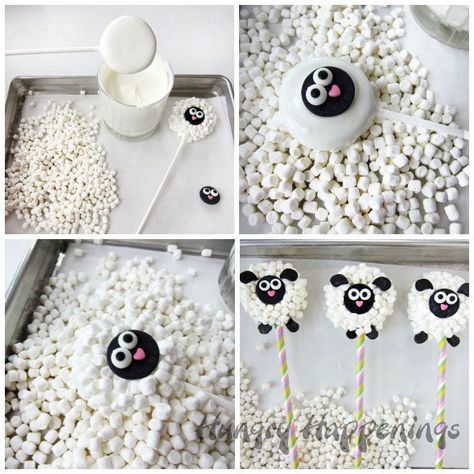 Dip Oreo Cookies into white chocolate, toss on lots of mini marshmallows, then decorate to look like a lamb. See how to make these Oreo Lamb Lollipops at HungryHappenings.com. Cute Easter Treats, Lamb Lollipops, Sheep Cake, Baby Lamb Baby Shower, Sheep Crafts, Eid Crafts, Shaun The Sheep, Baby Lamb, Eid Decoration