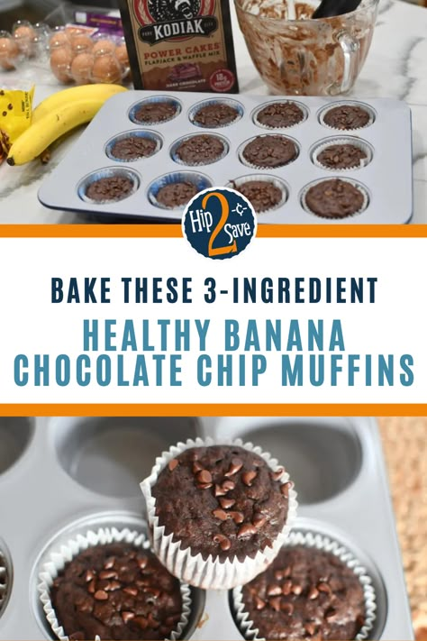 These healthy muffins are perfect for breakfast or snack. Make these Kodiak cake muffins using protein cake mix and just 2 other ingredients. Protein Muffins Low Carb, Banana Chocolate Chip Muffins Healthy, Banana Chocolate Muffins, Healthy Chocolate Chip Muffins, Kodiak Cakes Recipe, Chocolate Protein Muffins, Protein Pancake Mix, Chocolate Banana Muffins, Protein Cake