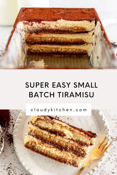 Small Batch Tiramisu is the perfect Easy Tiramisu Recipe. Small Batch Tiramisu is assembled in a loaf pan, and has layers of espresso soaked lady fingers and a zabaglione filling. This small batch dessert recipe is perfect to make ahead for any occasion. Tiny Loaf Pan Recipes, Tiramisu Recipe For Two, Single Tiramisu, Tiramisu For One, Single Serving Tiramisu, Tiramisu Recipe Cups, Small Dish Recipes, Tiramisu Small Batch, Dessert Small Batch