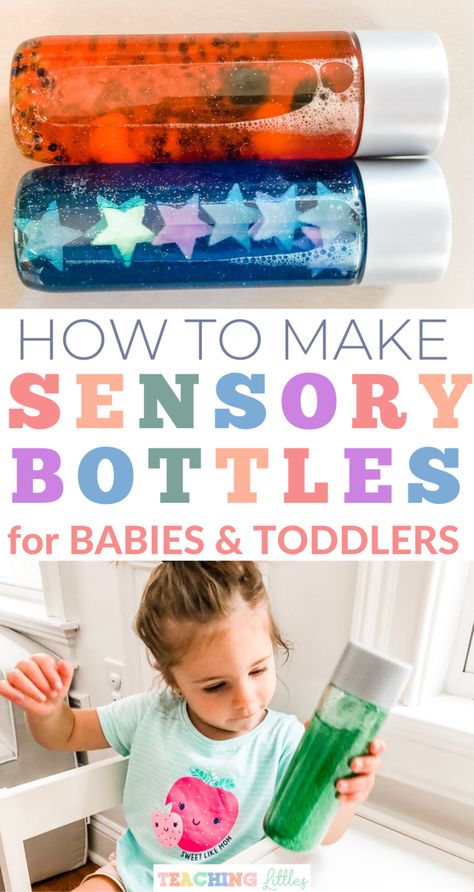 How to Make Simple DIY Glitter Sensory Bottles - Teaching Littles Sensory Bottles For One Year Olds, Visual Stimulation Activities, Sensory Bottles For Babies, Baby Sensory Bottles, Sensory Bottles For Toddlers, Glitter Sensory Bottles, Calm Down Bottle, Diy Sensory, Font Simple