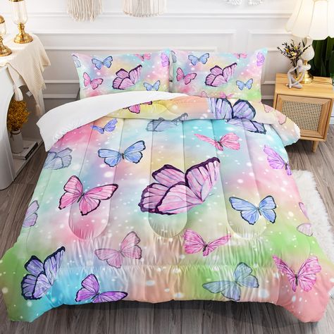 PRICES MAY VARY. 🦋SIZE: This butterfly decorative comforter set for kids does not include duvet cover or sheets, Twin Size (1x Comforter 67"x85"; 2x Pillow Shams 20"x30"), Full Size (1x Comforter 80"x90"; 2x Pillow Shams 20"x30" ),Queen Size (1x Comforter 90"x90"; 2x Pillow Shams 20"x30" ). 🦋MATERIAL: The butterfly comforter set is made of 100% ultra soft microfiber fabric-long lasting softness and ultimate relaxation with fade & stain resistance better than cotton, smooth, skin-friendly and b Rainbow Bed, Tie Dye Butterfly, Butterfly Bedroom, Butterfly Bedding Set, Butterfly Bedding, Butterfly Room, Twin Comforter Sets, Kids Rainbow, Twin Comforter