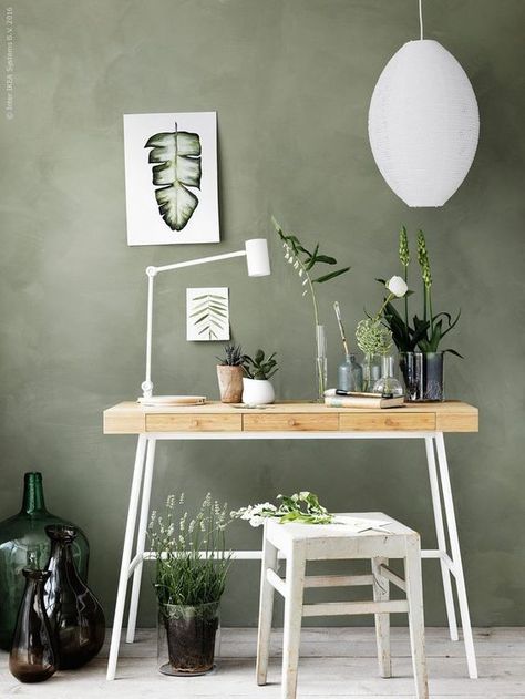 20 Beautiful Rooms Incorporating the Color Sage Green Ikea Workspace, Sala Vintage, Gravity Home, Ikea Design, Sage Green Walls, Green Interiors, Diy Supplies, Home Office Design, New Wall