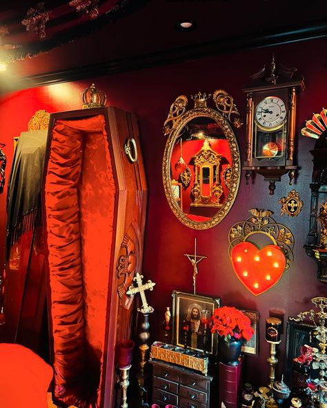 i call my thrifty thrifting and diy with gold spray paint Baroque Bat chic 🦇 . . #baroquebat #gothicstyle #vampiresinpolitesociety #red #vamp #queenie_black #queenie_pocketfullofposiez Red Black And Gold Bedroom, Burlesque Room, Vampire Decorations, Vampire Home Decor, Vampire Room, Vampire Decor, Halloween Office, Polite Society, Cabin Bedroom