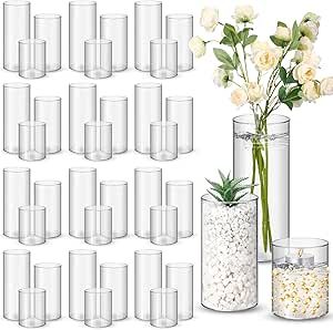 Nuogo 36 Pcs Plastic Cylinder Vases 4''/6''/8'' Tall Clear Flower Vases for Centerpieces Hurricane Candle Holder for Home Wedding Office Party Formal Dinners Decorations Low Cost Centerpieces, Tall Vases Wedding Centerpieces, Simple Table Decor Wedding, White Rose Centerpiece Wedding, Winter Wedding Centerpieces Elegant, Sage Green And Lavender Wedding, Green And Lavender Wedding, Tall Vase Wedding Centerpieces, Sage Green And Lavender