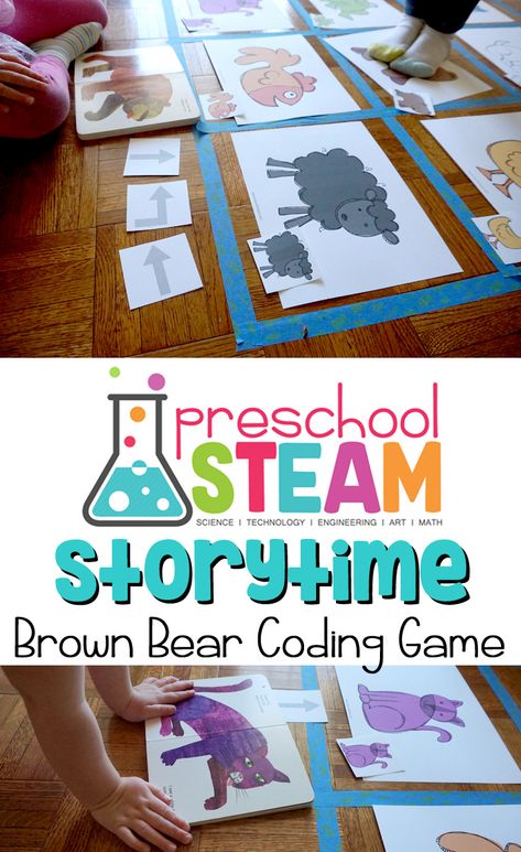 Screen-Free Brown Bear Coding Game for Preschoolers - Preschool STEAM - Storytime Steam Preschool, Preschool Coding Activities, Coding For Preschoolers, Coding Preschool, Preschool Coding, Preschool Technology, Brown Bear Brown Bear Activities, Preschool Steam, Coding Activities