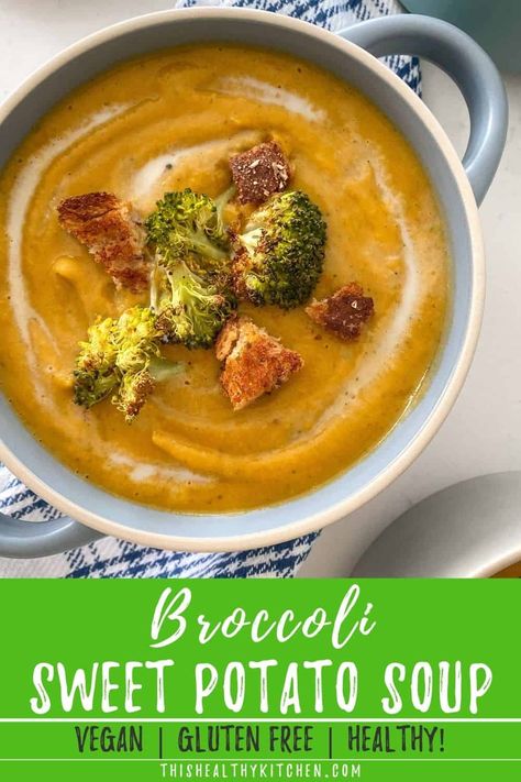 This broccoli and sweet potato soup is warming, velvety and so delicious. Sweet Potato Soup Healthy, Potato Soup Healthy, Broccoli Sweet Potato, Sweet Potato Soup Vegan, Broccoli Potato Soup, Delicious Healthy Food, Soup Maker Recipes, Quick Soup Recipes, Sweet Potato Soup Recipes