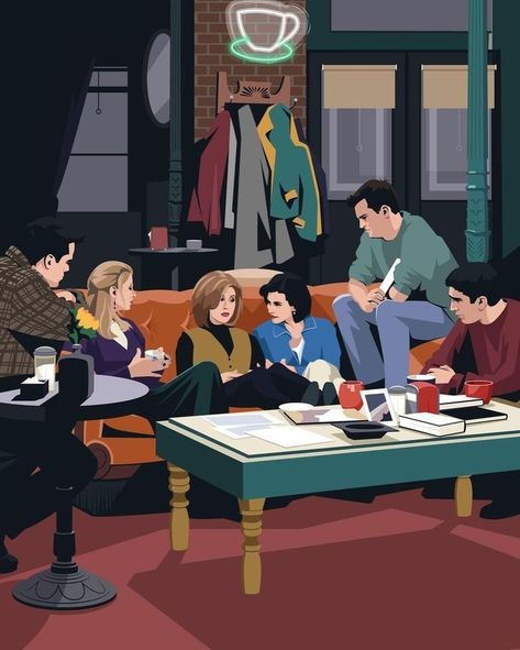 Friends Illustration Tv Show, Friends Poster Art, Friends Illustration Art, Illustration Friends, Friends Serie, Monica Rachel, Friends Painting, Chandler Friends, Joey Chandler