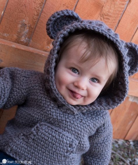 Have I mentioned that I am in LOVE with the Hibernation Hoodie?! The CHILD sizes are free crochet patterns! Make one for yourself and your little one. Crochet Baby Clothes Boy, Baby Boy Sweater, Crochet Baby Beanie, Crochet Hoodie, Crochet Baby Sweater, Baby Jumper, Crochet Baby Boy, Baby Scarf, Hoodie Pattern