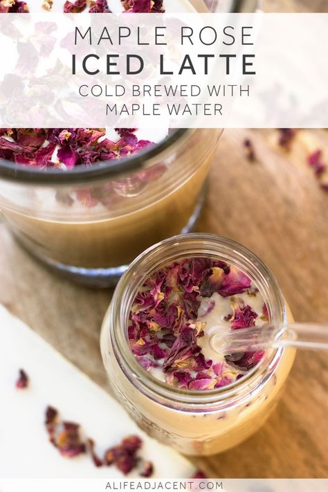 This unique & refreshing iced latte recipe is cold-brewed with maple water for natural sweetness and delicious maple flavour. A sprinkling of edible organic rose petals is sure to impress your guests! #realfood #coffeetime #summerdrinks #summer #icedlatte #summerparty #healthylifestyle #rosepetals #beattheheat #maplewater #coffeeaddict Iced Latte Recipe, Maple Water, Infused Water Recipes, Coffee Drink Recipes, Latte Recipe, Mocktail Recipe, Iced Latte, Water Recipes, Food Drinks