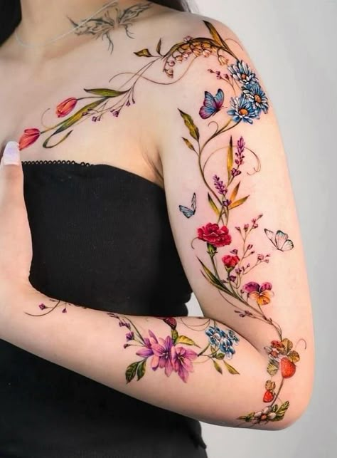 Colorful Chest Tattoo, Lgbt Tattoo, Feminine Shoulder Tattoos, Bookish Tattoos, Beautiful Flower Tattoos, Handpoke Tattoo, Tasteful Tattoos, Vine Tattoos, Tatuaje A Color