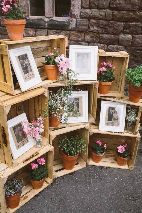 A wonderful collection of ways to use wooden crates in rustic weddings. See our crates here: http://www.lightsforalloccasions.com/c-397-baskets-crates-trays.aspx Wooden Crates Wedding, Wedding Photo Display, Deco Champetre, Colored Wedding Dress, Country Barn Weddings, Basket And Crate, Unique Wedding Flowers, Country Barn, Wooden Crates