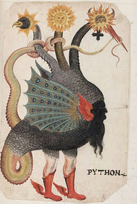 Python Mercury- Alchemy: a three headed dragon that symbolizes the element mercury and the god Hermes. The dragon tail wraps around the heads representing the moon, sun, and Mercury which rule over the transmutation of substances. Alchemy Art, Alchemic Symbols, Istoria Artei, Esoteric Art, Occult Art, Medieval Manuscript, Art Et Illustration, A Witch, Art And Illustration