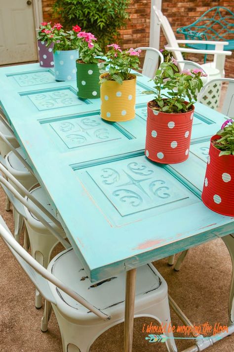 Old Door Patio Table | Make a fun table with plumbing conduit and an old door! Complete photo tutorial. Old Door Table Ideas, Vintage Door Table Ideas, Old Door Dining Table, Outdoor Table Made From Old Door, Old Door Table Top, Old Door Tables, Door Dining Table, Upcycle Door, Aqua Decor