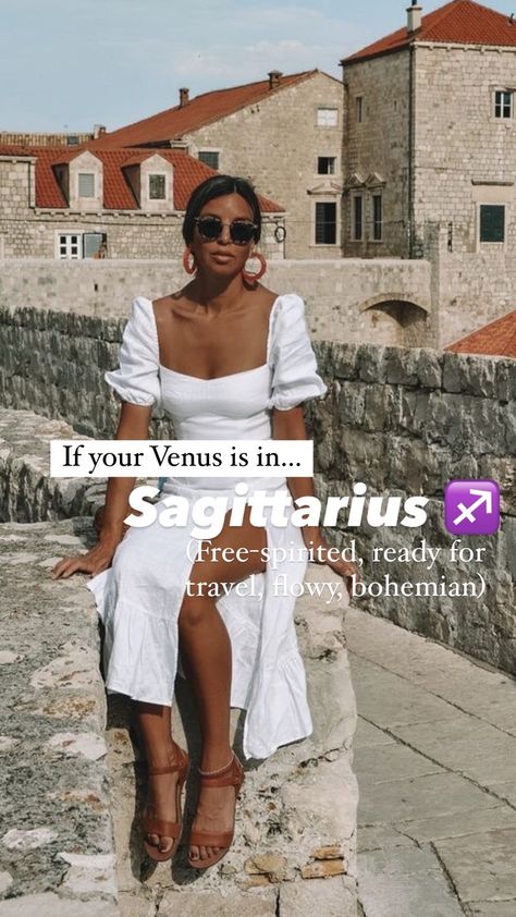 How to dress according to your Venus sign — ASHLINA KAPOSTA Venus In Leo Woman Style, Venus In Sagittarius Woman Style, Dress Like Your Venus Sign Sagittarius, Sagittarius Dressing Style, Dressing Like Your Venus Sign Sagittarius, Sagittarius Style Aesthetic, Saggitarius Venus Aesthetic, Venus Sagittarius Aesthetic, Sag Venus Style