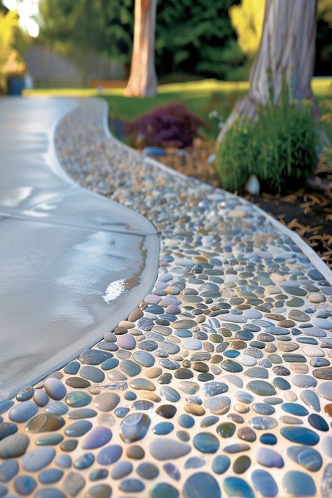 Curved backyard concrete patio with smooth edges and pebble accents under a tree, exemplifying creative cement outdoor spaces. Outdoor Concrete Floors, Pebble Patio, Garden Ladder, Pebble Garden, Pebble Floor, Wall Mounted Planters, Concrete Patio Designs, Concrete Patios, Stone Landscaping