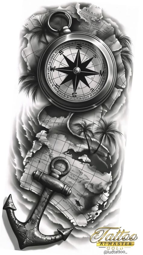 Map And Compass Tattoo Design, Compass Anchor Tattoo Design, Tattoo Compass Design, Compass Map Tattoo, Maps Tattoo, Map Tattoo Design, Nautical Tattoo Design, Vintage Nautical Tattoo, Nautical Tattoo Ideas