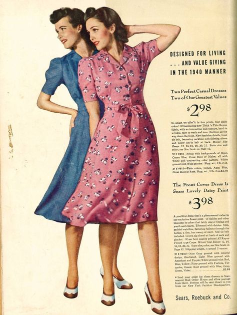 1940 Sears Spring & Summer Catalog Minneapolis Market 2 Housewife Dress, Vintage Catalog, Vintage Fashion 1930s, Buttoned Dress, Sears Catalog, 40s Fashion, Dressy Dresses, Romantic Dress, 1940s Fashion